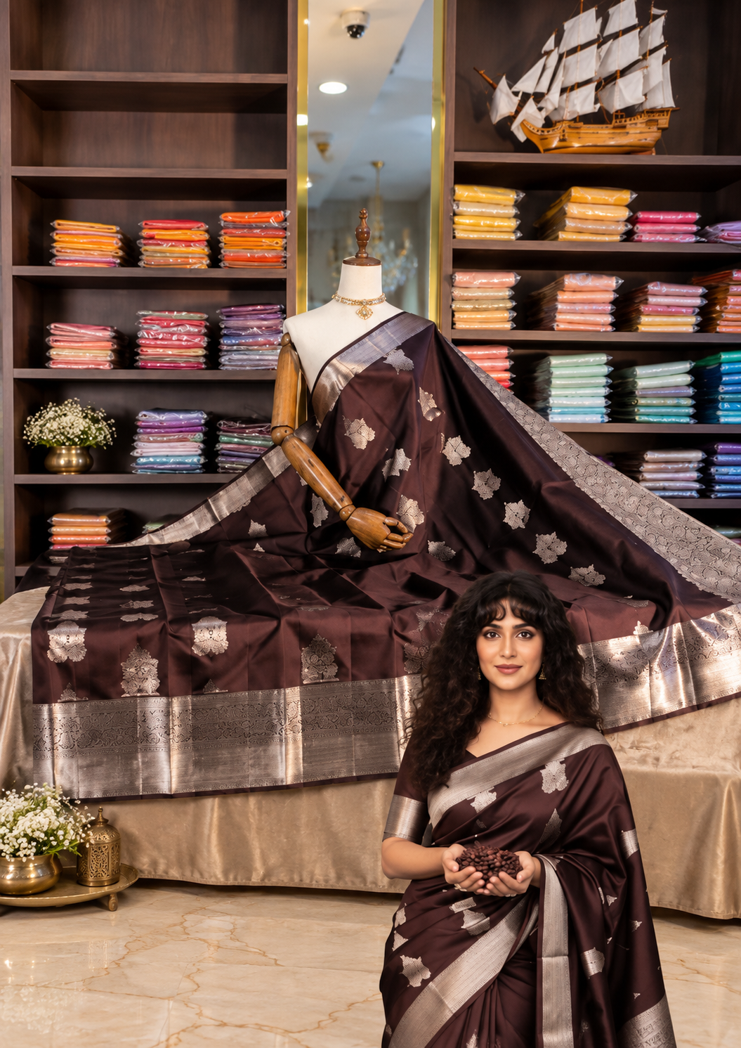 Very Beautiful Brown Soft Banarasi Silk Saree with Elegant Blouse Piece