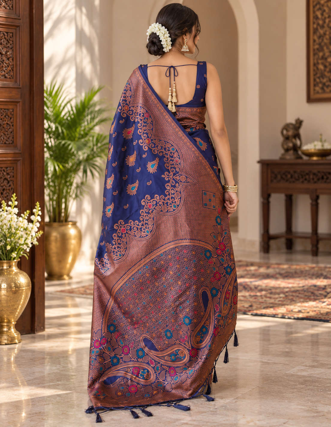 Royal Blue Meenakari Soft Banarasi Silk Saree with Copper Zari Border
