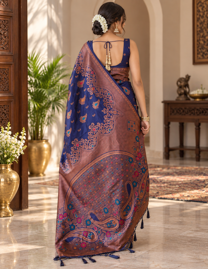 Royal Blue Meenakari Soft Banarasi Silk Saree with Copper Zari Border