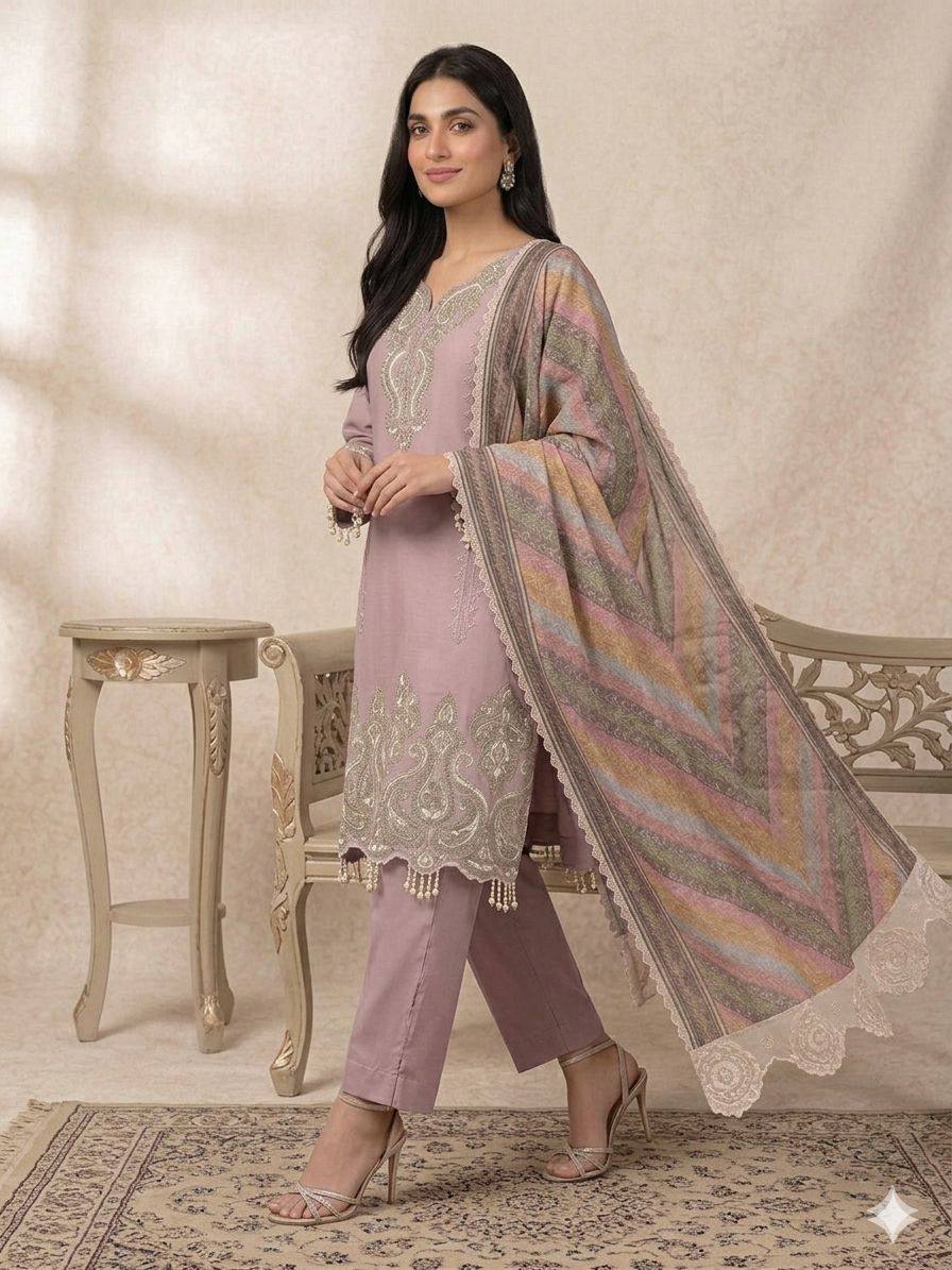 Elegant Star Georgette Embroidered Salwar Suit with Multicolor Chevron Dupatta
