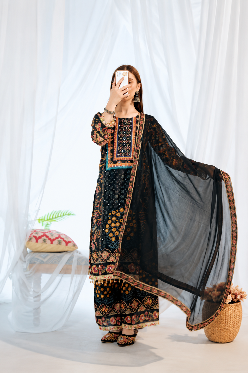 Royal Black Heavy Muslin Digital Printed Suit Set with Delicate Lace Work