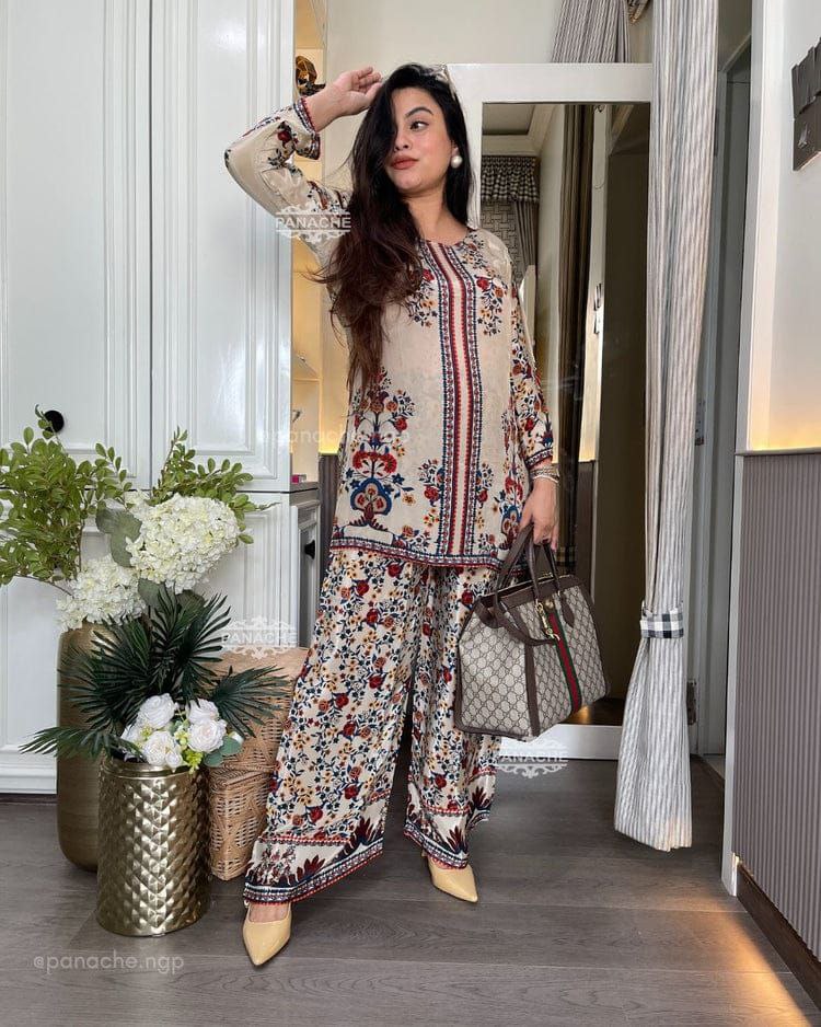 Elegant Floral Printed Soft Cotton Co-Ord Set with Wide-Leg Palazzo Pants
