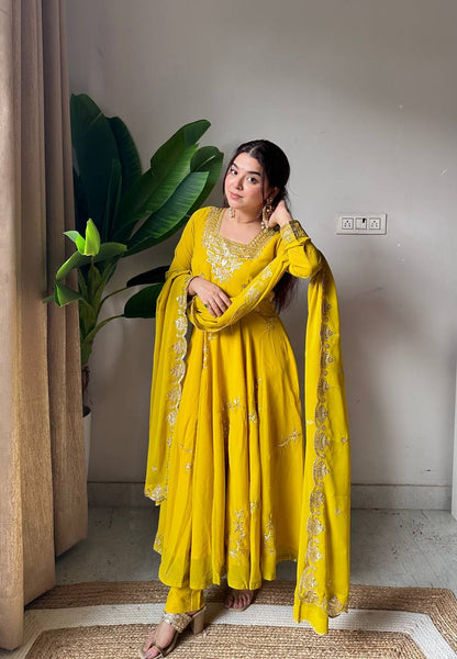 Designer Yellow Fox Georgette Anarkali Suit Set