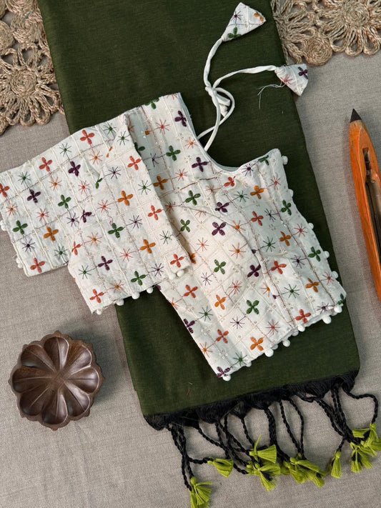 Dharma Exclusive - Green Handloom Cotton Saree With Havy Embroidery Stitched Blouse