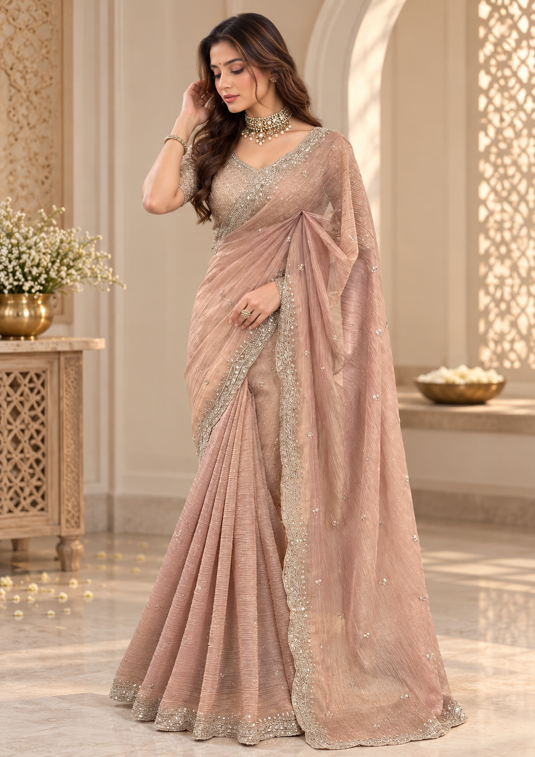 New Designer Rose Gold Tissue Salsa Crush Saree