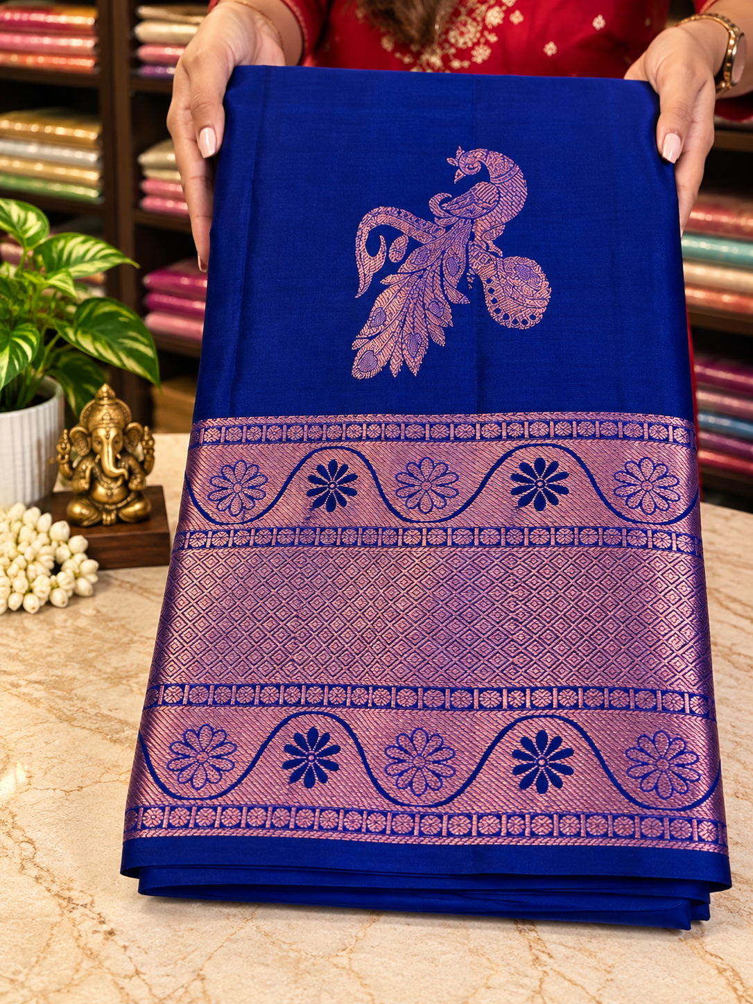 Royal Blue Soft Banarasi Silk Saree with Copper Zari Bird Motifs