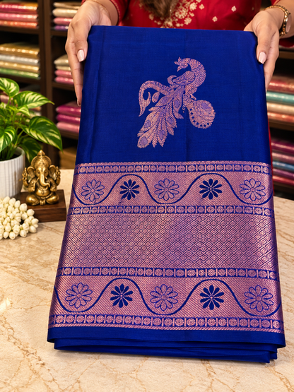 Royal Blue Soft Banarasi Silk Saree with Copper Zari Bird Motifs
