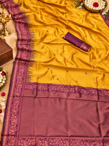 Mustard Yellow Woven Soft Banarasi Silk Saree with Purple Zari Border