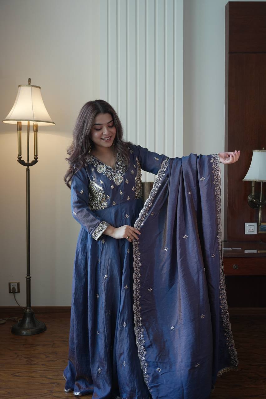 Deep Indigo Embroidered Vichitra Silk Anarkali Suit Set with Dupatta