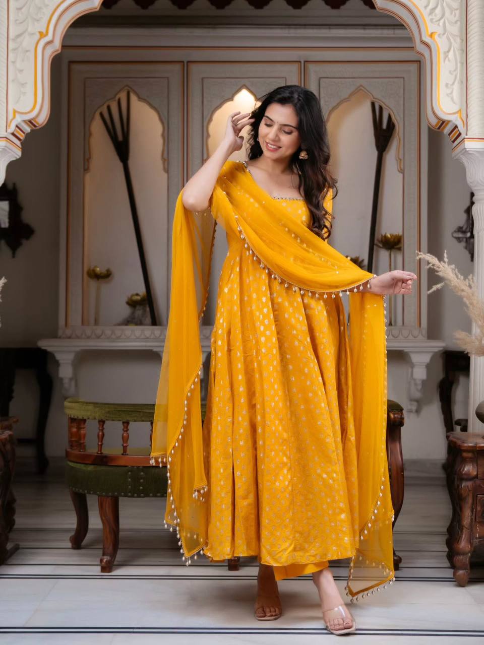 Elegant Mustard Yellow Chanderi Jacquard Anarkali Suit Set with Mirror Work