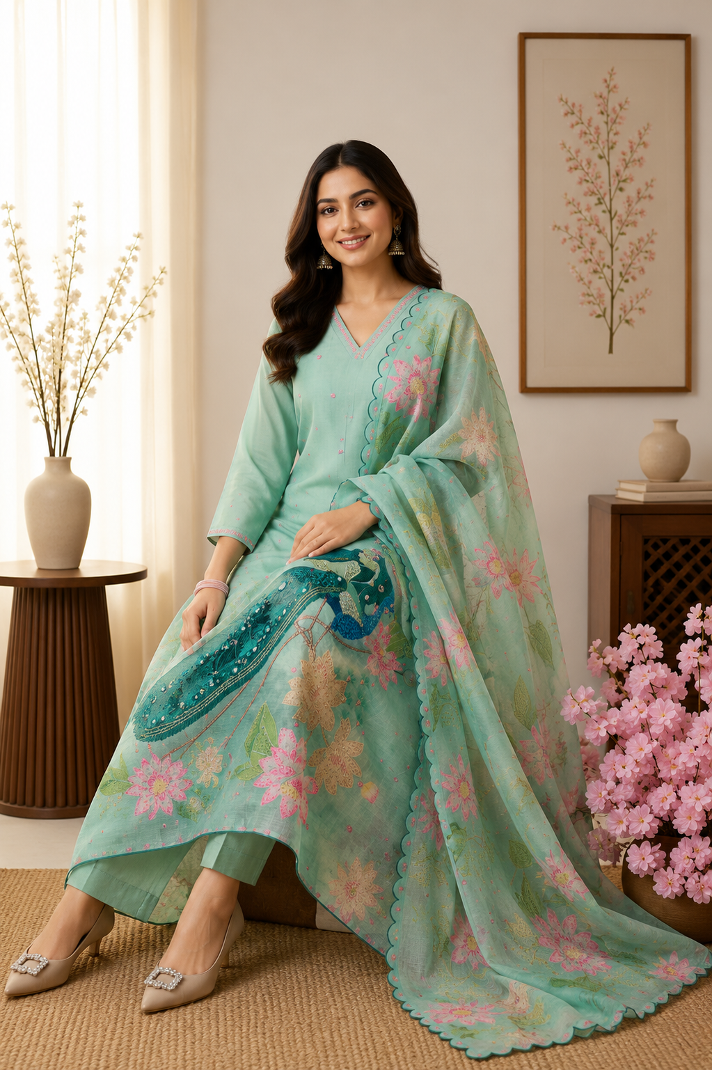 New Designer Mint Green Linen Cotton Suit Set with Handwork