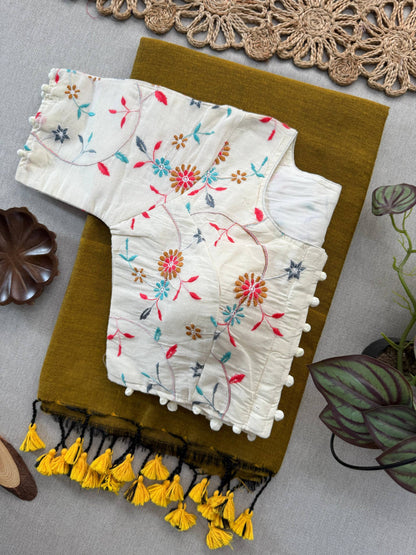 Beautiful - Mustered Handloom Cotton Saree With Havy Embroidery Stitched Blouse