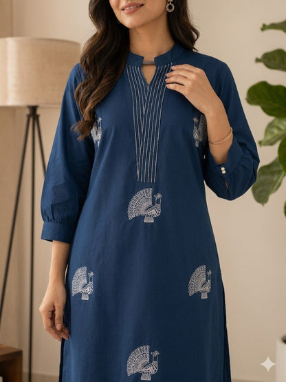 Elegant Indigo Blue Voile Cotton A-Line Kurta Set with Peacock Thread Embroidery