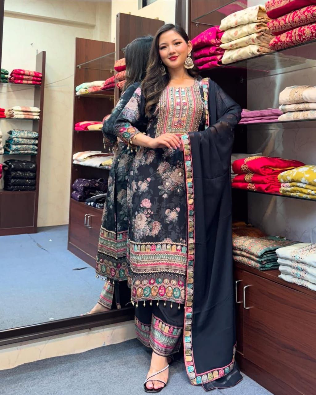 Elegant Black Chinon Silk Embroidered Salwar Suit with Fancy Mirror Work