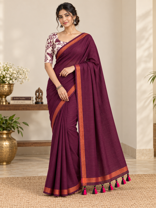 Very Beautiful Maroon Handloom Cotton Saree With Jari Border