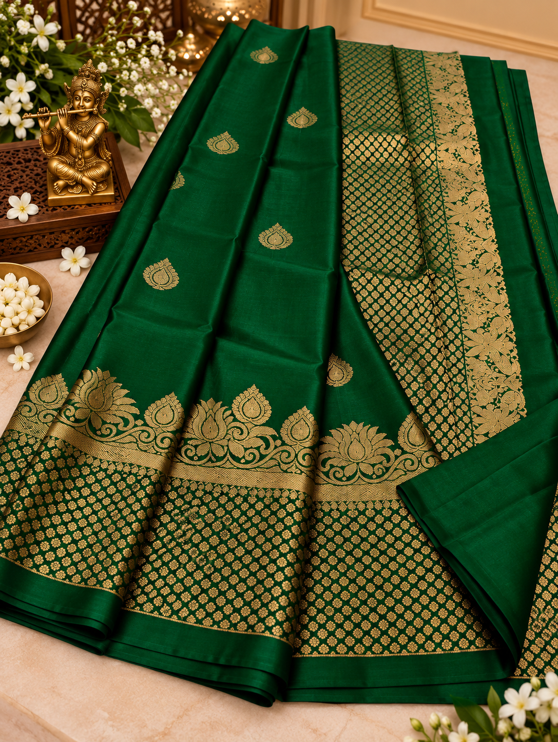 Emerald Green Soft Banarasi Silk Saree with Attractive Blose Piece