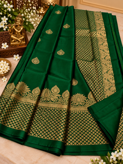 Emerald Green Soft Banarasi Silk Saree with Attractive Blose Piece
