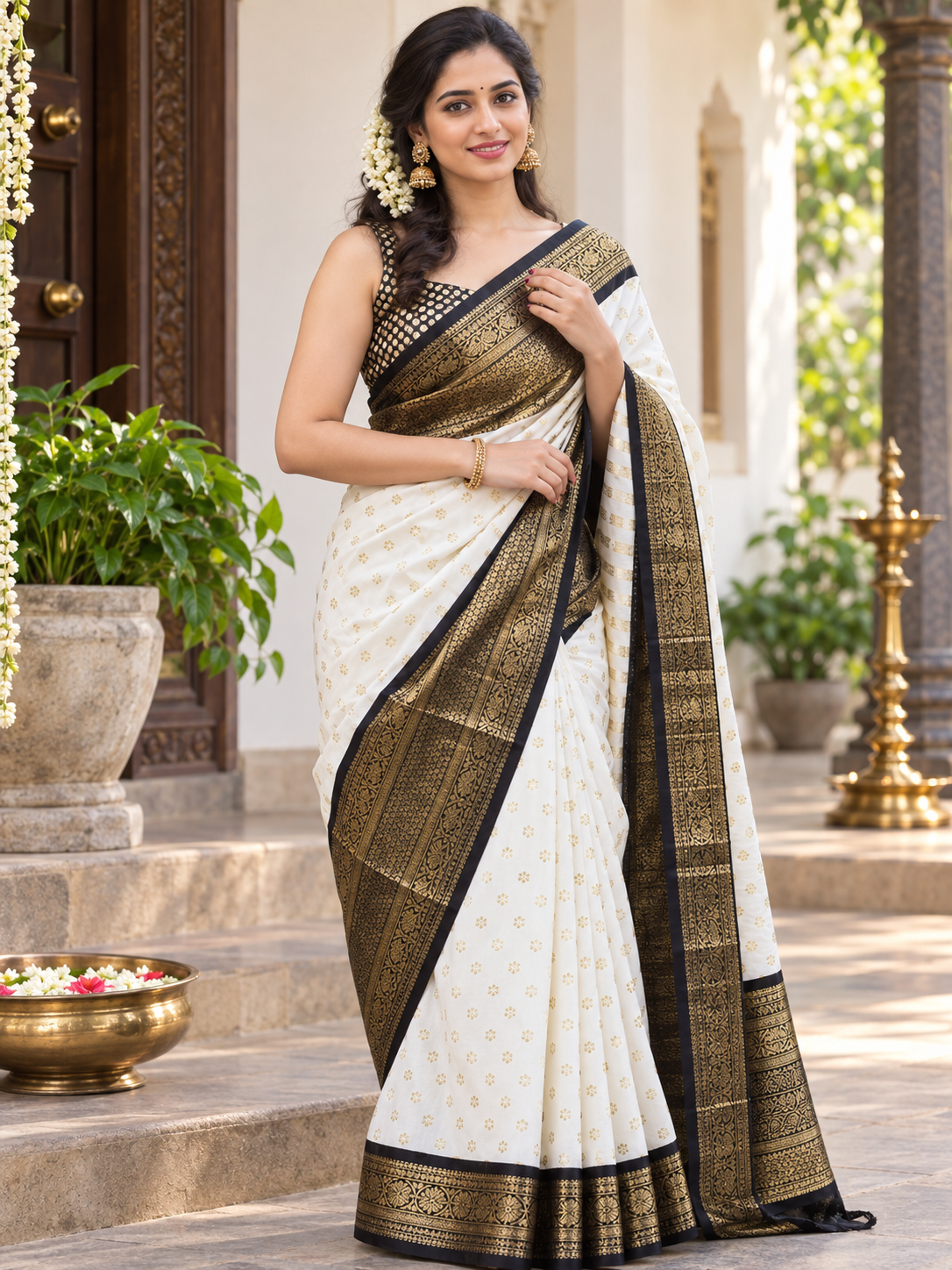 Beautiful Off-White Woven Soft Banarasi Silk Saree with Black and Gold Zari Border