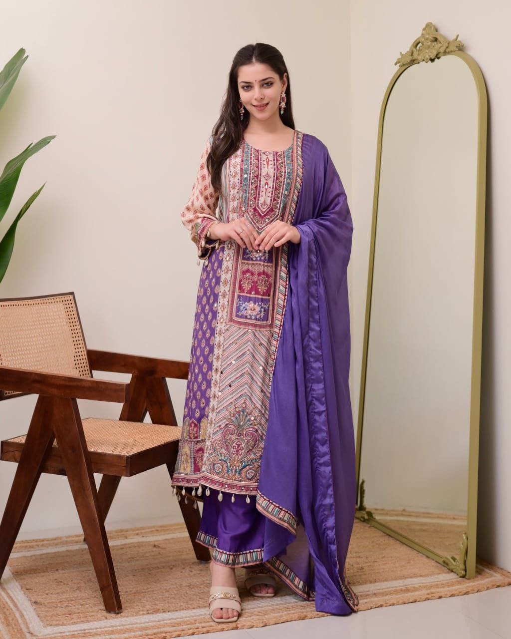 Attractive Violet Patchwork Printed Chinon Suit Set with Fancy Mirror Work