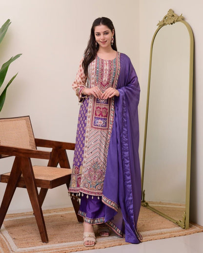 Attractive Violet Patchwork Printed Chinon Suit Set with Fancy Mirror Work