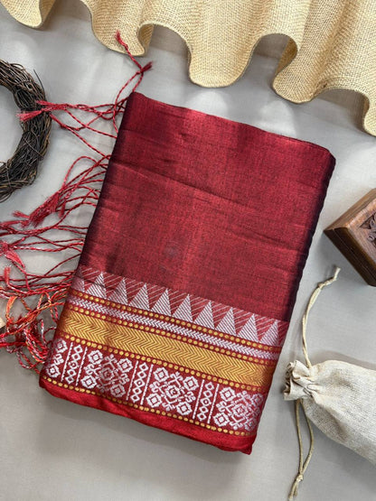 Artisan’s Touch: Dualtone Red Handloom Tissue Cotton Saree