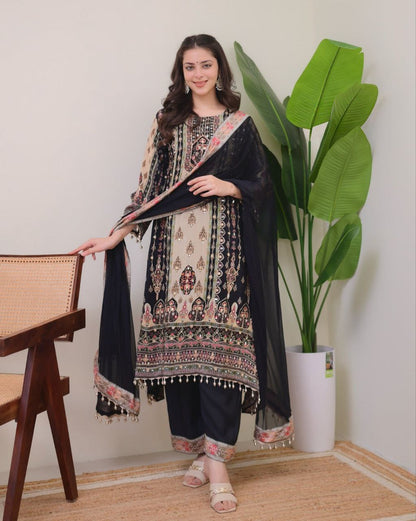 Elegant Black & Beige Printed Model Satin Suit Set with Fancy Mirror Work