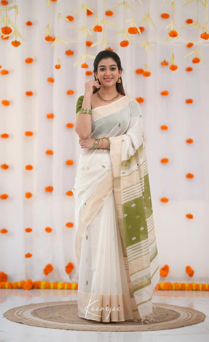 Elegant White Cotton Saree with Olive Green Border – Minimal Festive Look