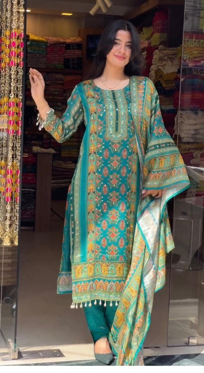 Elegant Teal Printed Chinon Suit Set with Fancy Mirror Work