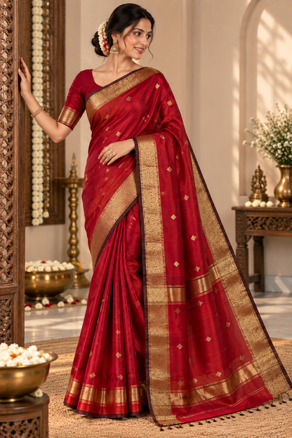 Royal Red Handloom Maheshwari Cotton Silk Sarees