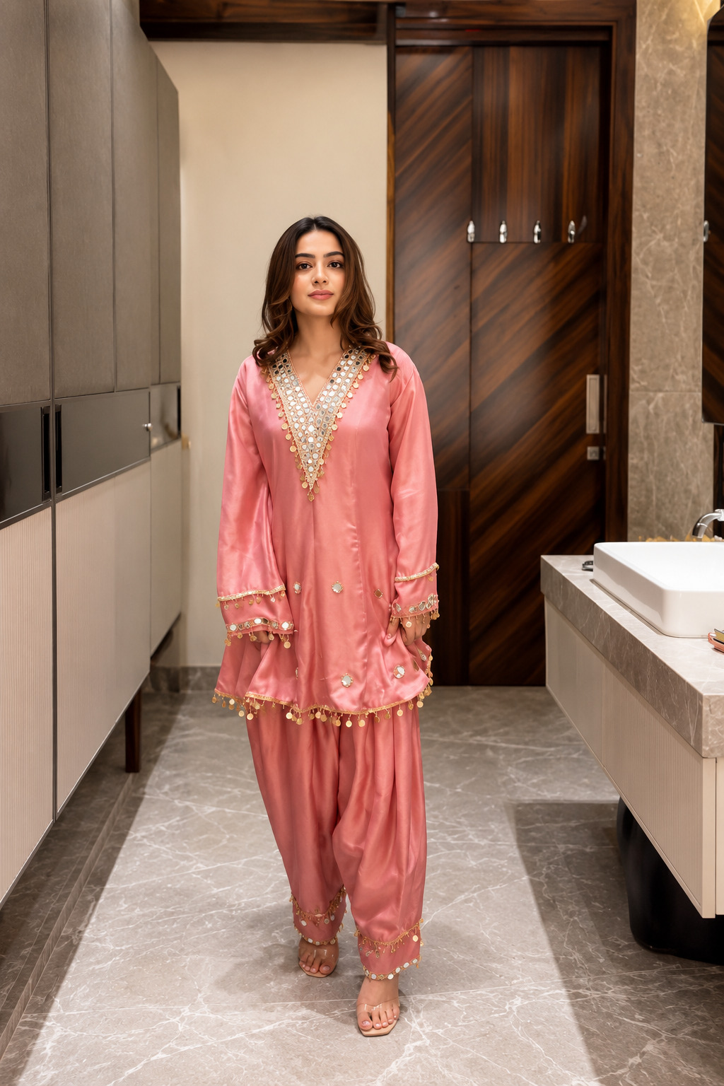 Designer Onion Pink Coss Moss Silk Mirror Work Kurta Pant Set with Dupatta