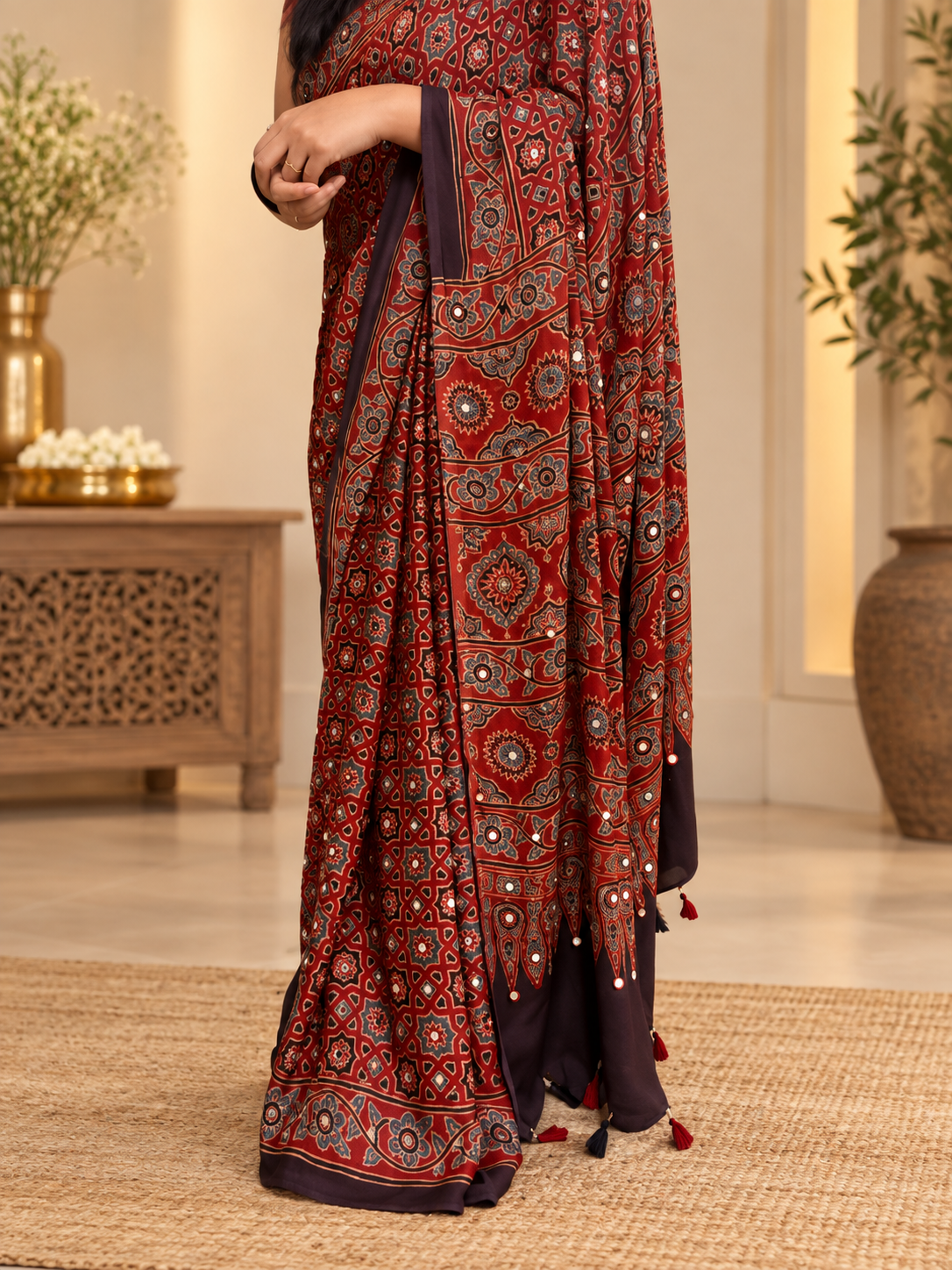 Very Beautiful Maroon Ajrakh Hand-Block Printed Gajji Silk Saree With Mirror Work