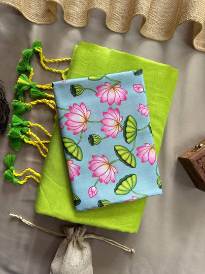 Trendy Parrot Handloom Cotton Saree With Lotus Printed Blouse