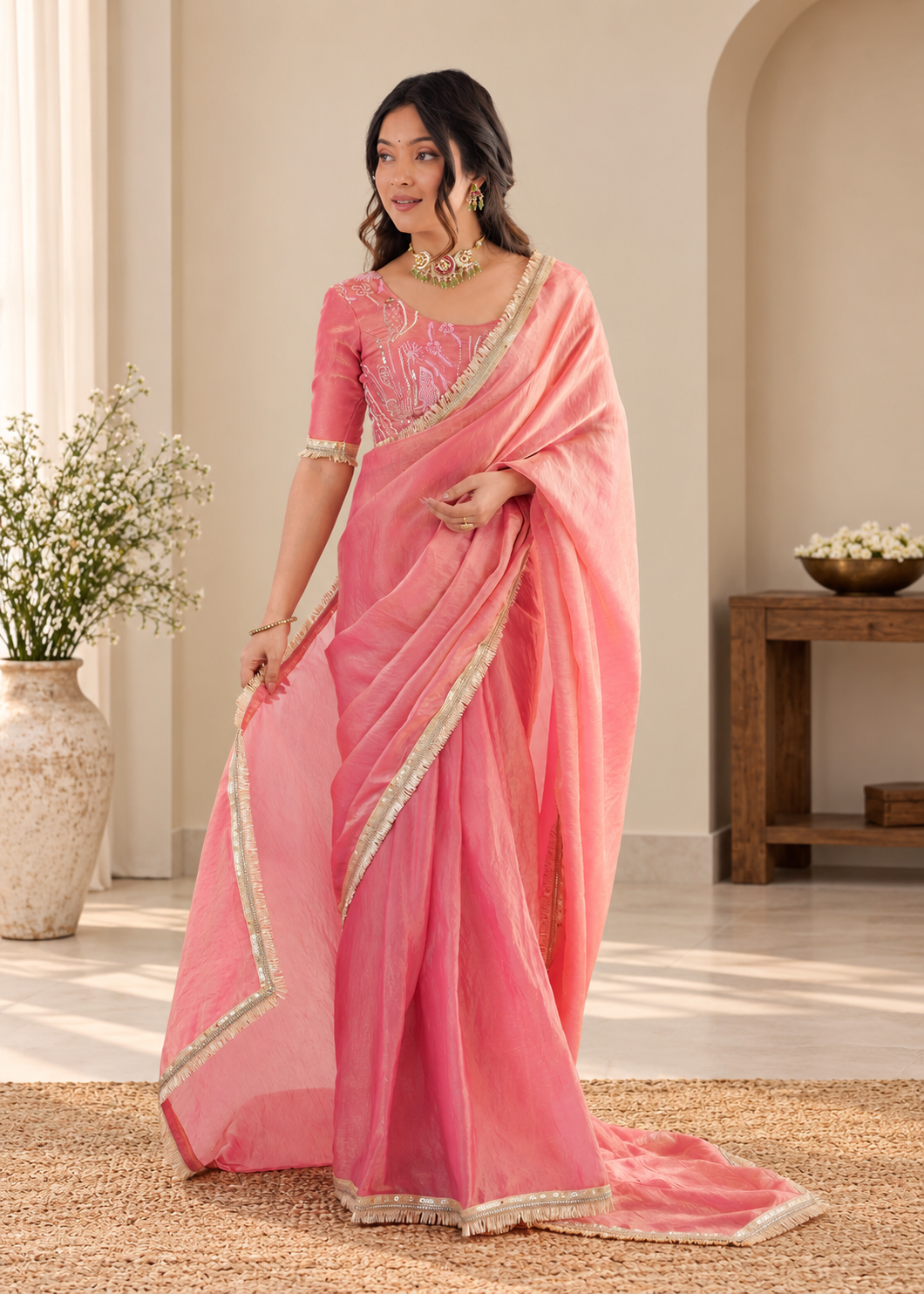 Elegant Rose Pink Fendy Silk Saree With Fancy Lace Work