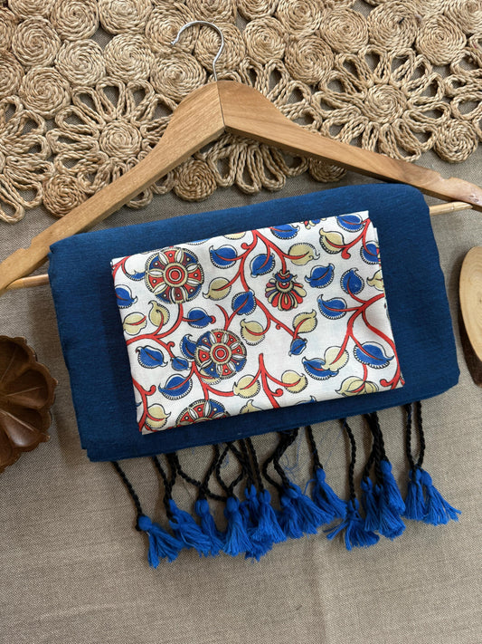 Dharma Exclusive - Blue Handloom Cotton Saree With Kalamkari Printed Blouse