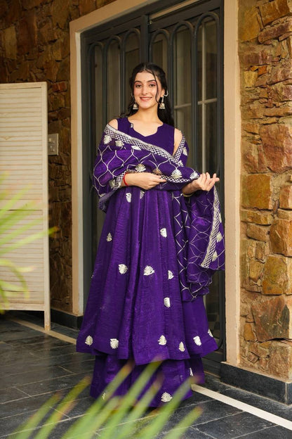 Royal Purple Fendy Silk Embroidered Anarkali Gown Set with Palazzo and Dupatta
