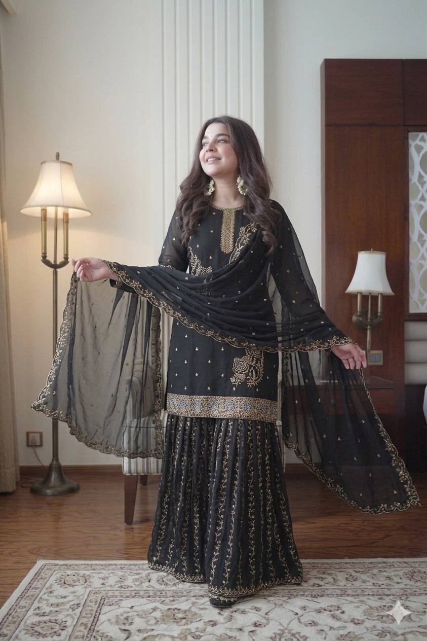 Premium Black Fox Georgette Sharara Suit with Sequins Embroidery Work