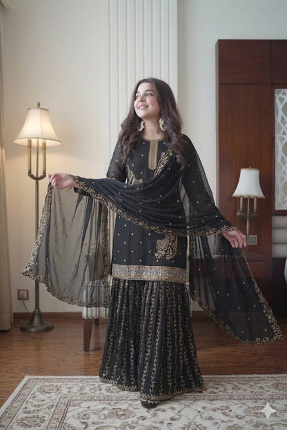 Premium Black Fox Georgette Sharara Suit with Sequins Embroidery Work