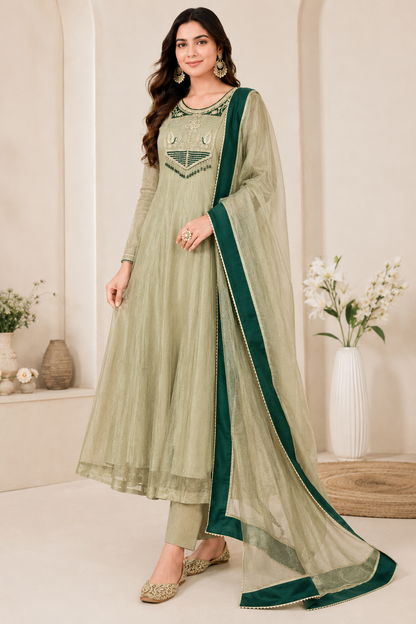 Very Attractive Pastel Sage Green Pure Salsa Silk Embroidered Anarkali Suit Set