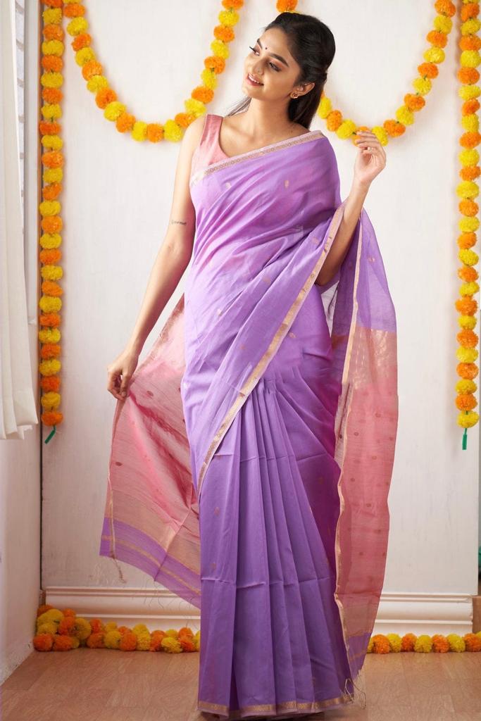 Beautiful Lavender Cotton Silk Saree With Marvellous Blouse Piece