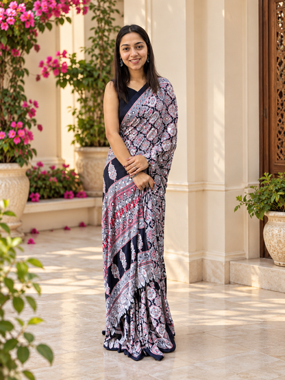 Beautiful Black Semi Gajji Silk Ajrakh Print Saree with Real Mirror Work