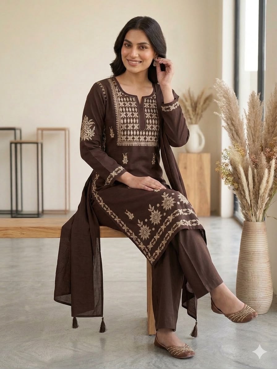 Very Attractive Brown Premium Rayon Embroidery Suit Set Set