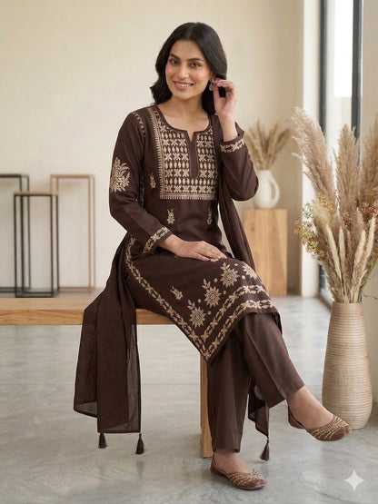 Very Attractive Brown Premium Rayon Embroidery Suit Set Set