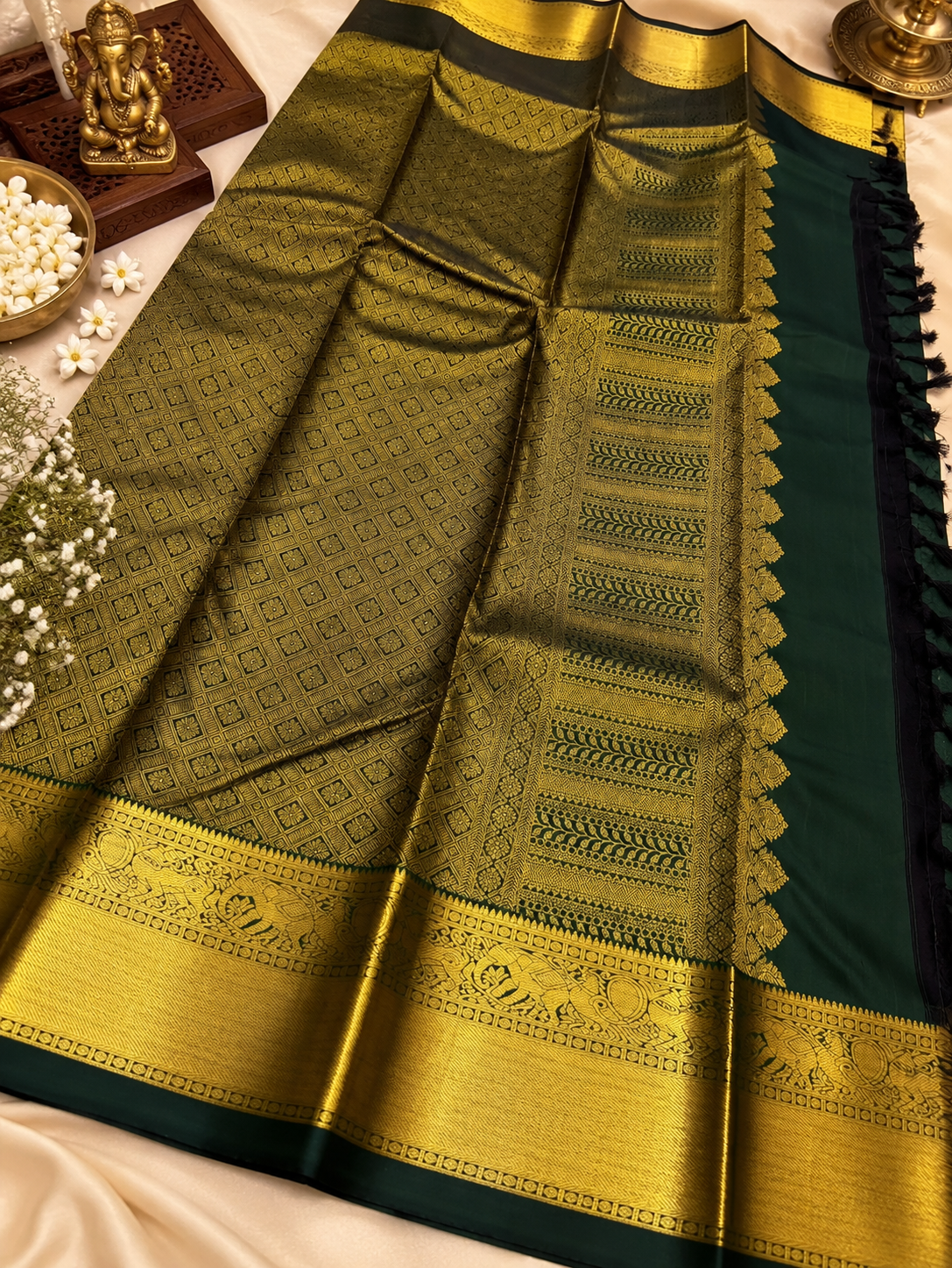 Emerald Elegance Dark Green Soft Banarasi Silk Saree with Gold Zari Border