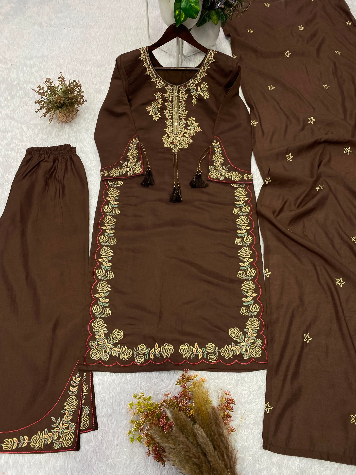 Elegant Brown Embroidered Roman Silk Suit Set with Dupatta
