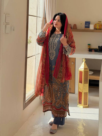 Elegant Blue Printed Chinon Anarkali Suit Set With Diamond Work