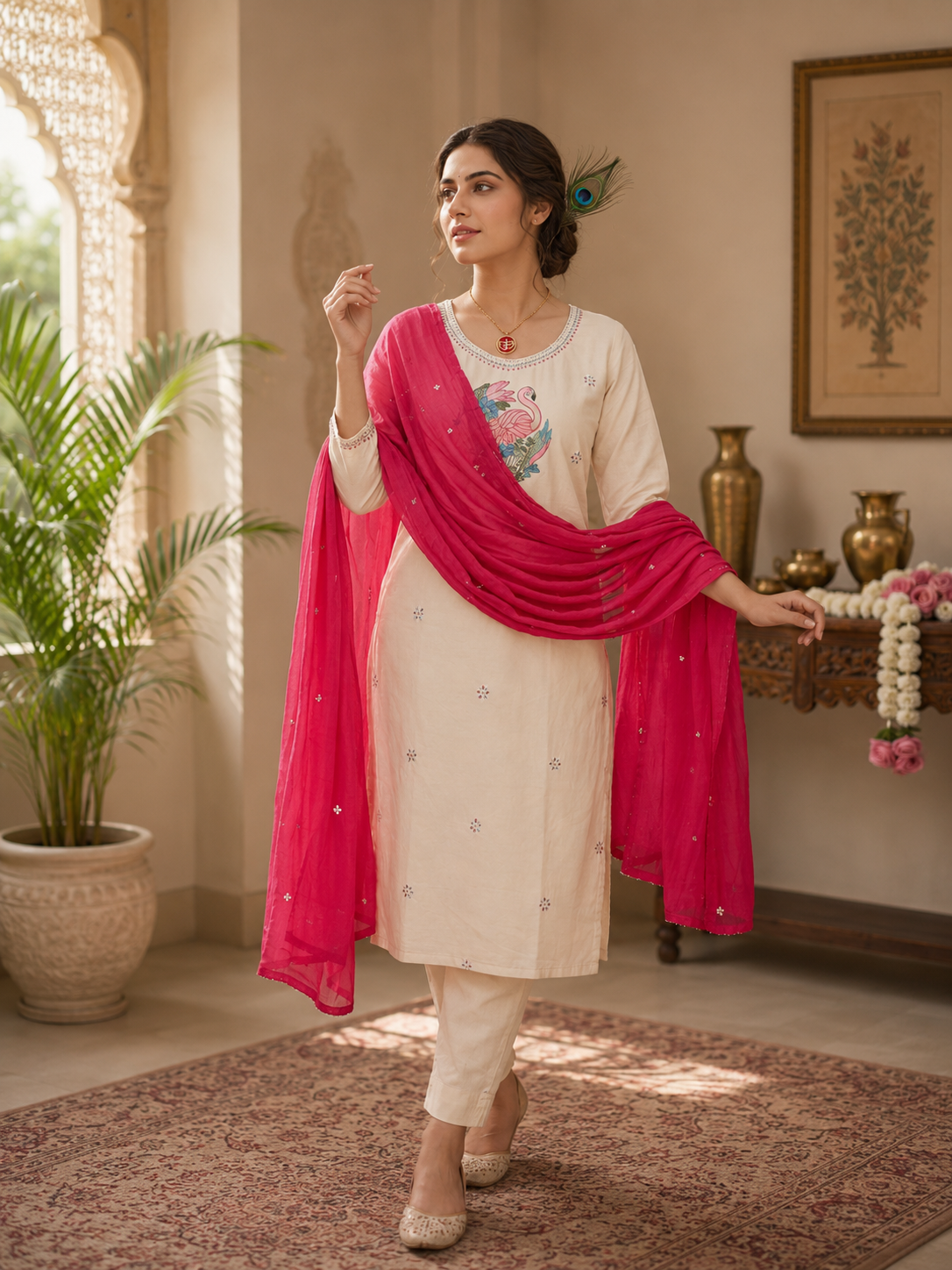Elegant Off-White Pure Khadi Cotton Embroidered Suit Set with Rani Pink Dupatta