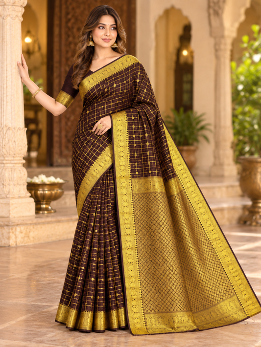 Elegant Chocolate Brown Kanjivaram Soft Silk Saree