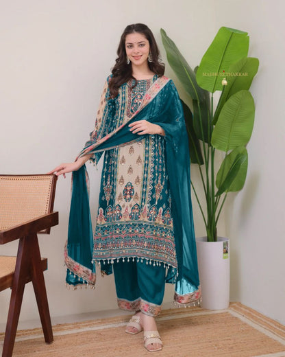 Royal Teal & Beige Printed Model Satin Suit Set with Fancy Mirror Work