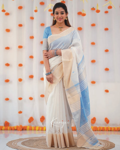 Ivory White & Sky Blue Handloom Style Cotton Saree with Soft Contrast Pallu