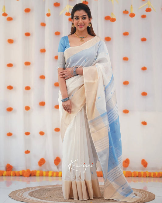 Ivory White & Sky Blue Handloom Style Cotton Saree with Soft Contrast Pallu